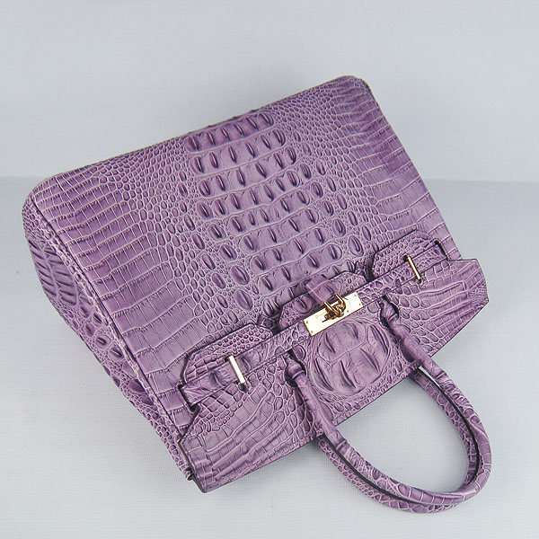 High Quality Fake Hermes Birkin 35CM Crocodile Head Veins Leather Bag Purple 6089